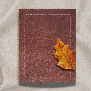 Cuaderno Cuero Cosido y Hoja de Otoño