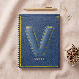 Cuaderno Cuero Falso Azul Marino Costura Amarilla Inicial V