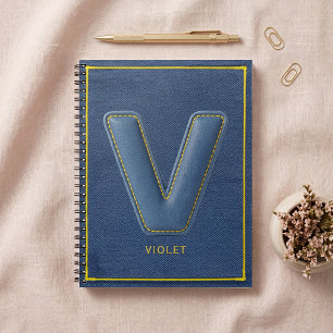Cuaderno Cuero Falso Azul Marino Costura Amarilla Inicial V