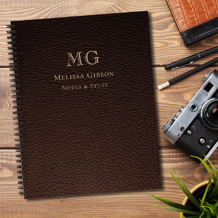 Cuaderno Cuero Falso Marrón Oscuro con Monograma Dorado