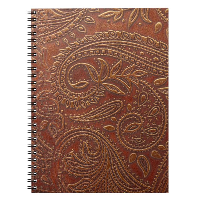 Cuaderno Cuero marrón, patrón floral instrumentado. (Frente)