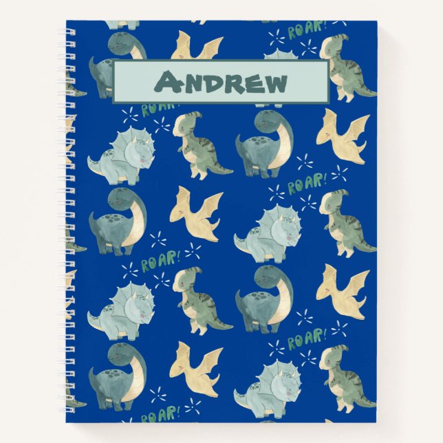 Cuaderno Cuidada acuarela en patrón de dinosaurio azul (Anverso)