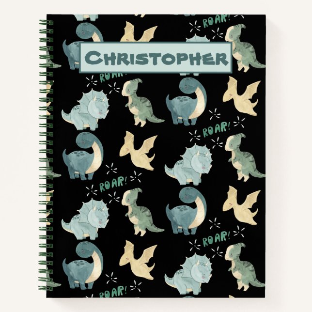 Cuaderno Cuidada acuarela en patrón de dinosaurio negro (Anverso)