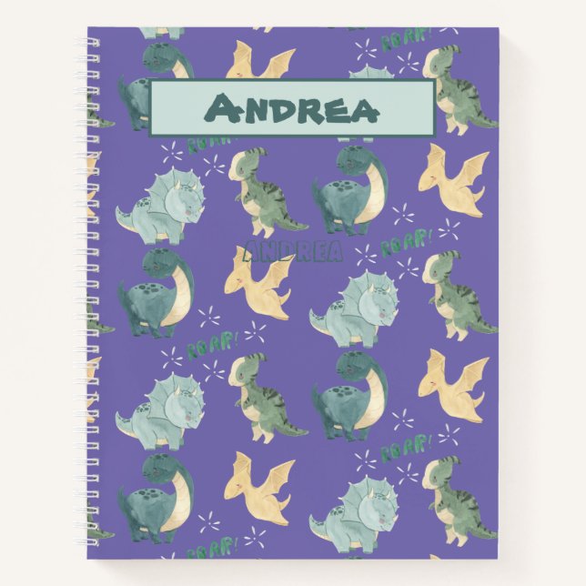 Cuaderno Cuidada acuarela sobre el patrón de dinosaurio púr (Anverso)