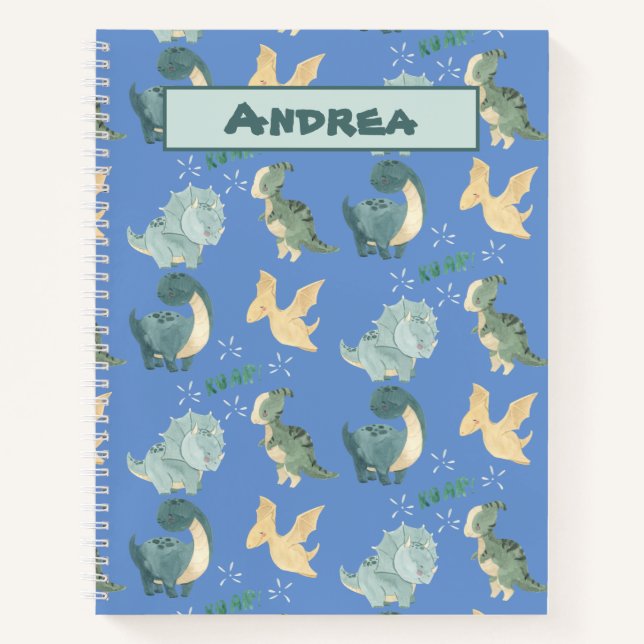 Cuaderno Cuidada acuarela sobre patrón de dinosaurio azul c (Anverso)