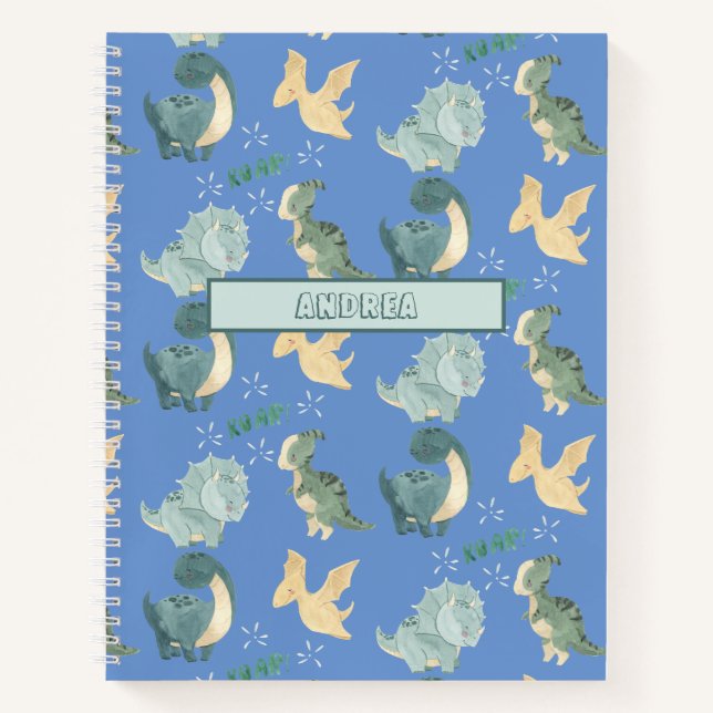 Cuaderno Cuidada acuarela sobre patrón de dinosaurio azul c (Anverso)