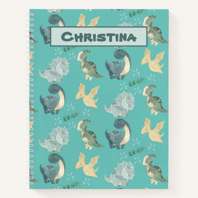 Cuaderno Cuidada acuarela sobre patrón de dinosaurio Verde  (Anverso)