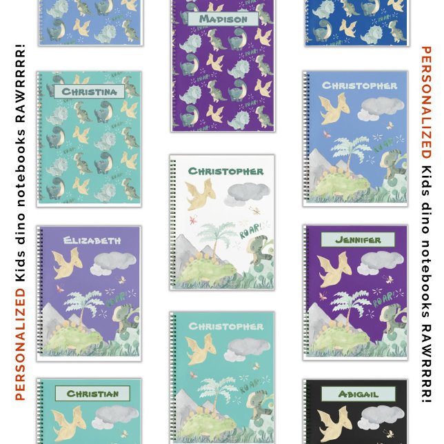 Cuaderno Cuidada acuarela sobre patrón de dinosaurio Verde  (So many cute dinosaur choices!)
