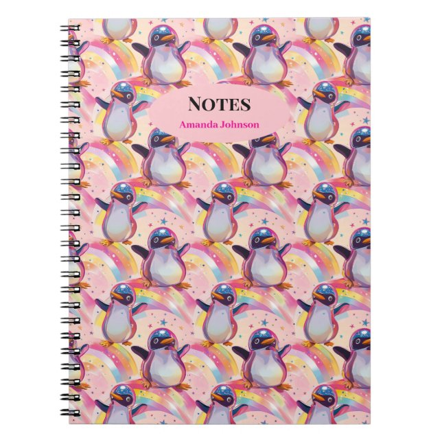Cuaderno Cuidados pingüinos arcoiris y patrón de estrellas (Frente)