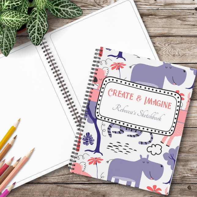 Cuaderno Cuidadoso morado Hipo Crear e Imaginar Patrón de D (This purple hippo doodle pattern adds a touch of creative cuteness to this personalized sketchbook.)