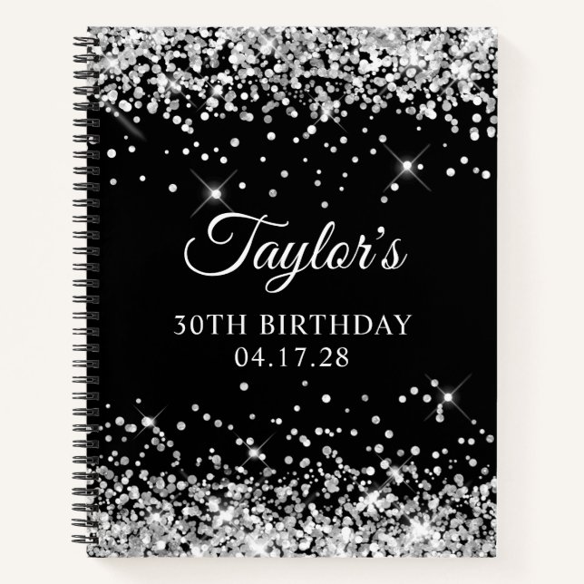 Cuaderno Cumpleaños 30 de Purpurina Plateada y Negro (Anverso)