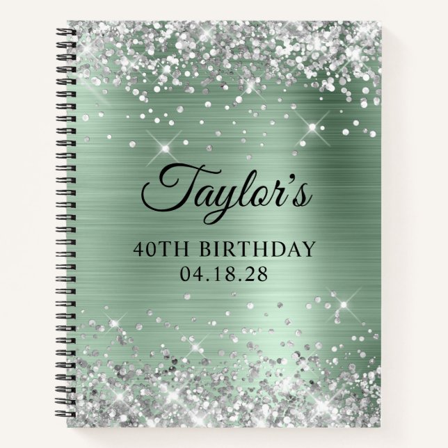 Cuaderno Cumpleaños 40 Brillante Plateado Glitter Menta Pál (Anverso)