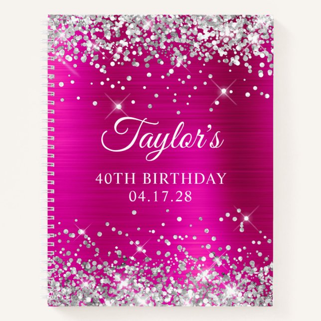 Cuaderno Cumpleaños 40 Brillante Plateado Rosa Brillante Fo (Anverso)
