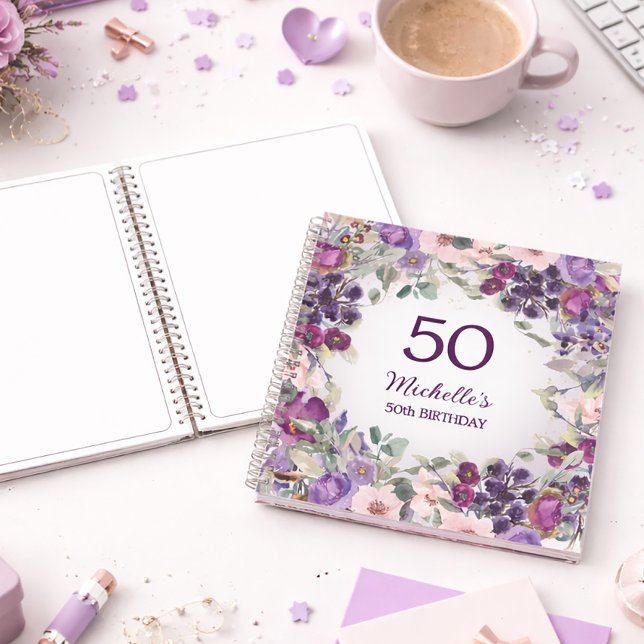 Cuaderno Cumpleaños 50 personalizado con flores rosadas y p (Purple and pink watercolor floral 50th birthday party notebook)