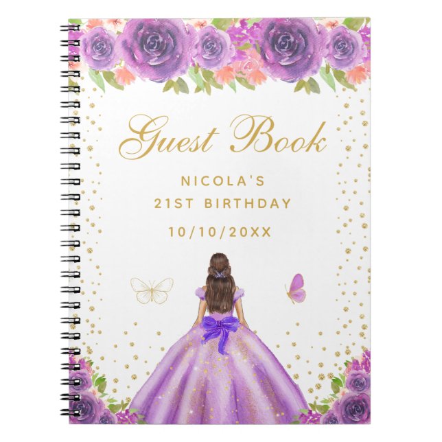 Cuaderno Cumpleaños de la princesa de cabello castaño con f (Frente)