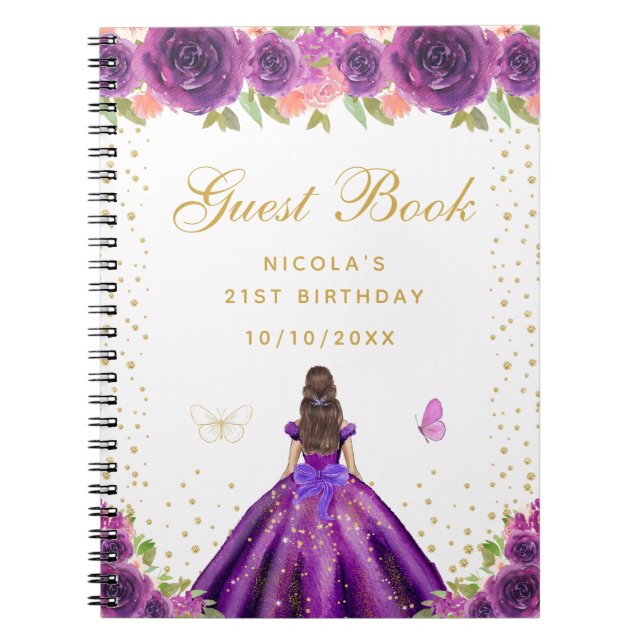 Cuaderno Cumpleaños de la Princesa de Cabello Castaño con F (Frente)