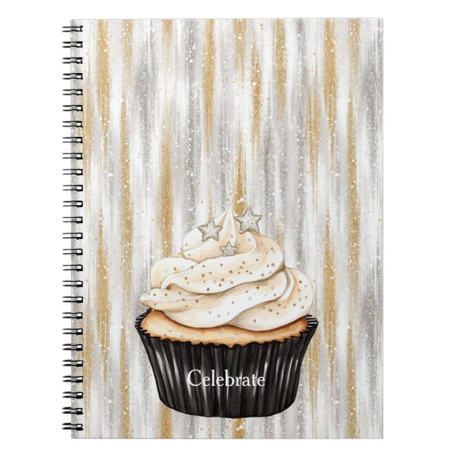 Cuaderno Cupcake Celebrar Glitzy Oro Plata Estrellas (Frente)
