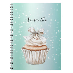 Cuaderno Cupcake de taza con lazo de puntos de bokeh blanco