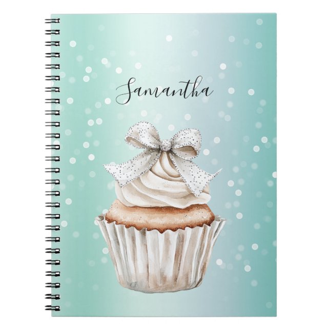 Cuaderno Cupcake de taza con lazo de puntos de bokeh blanco (Frente)