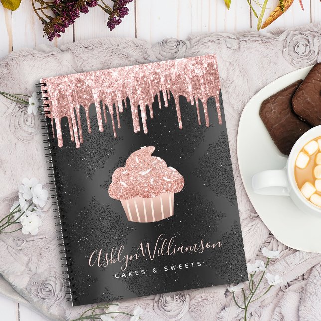Cuaderno Cupcake Rosa Dorado Brillante Goteo Negro Pasteler (Subido por el creador)