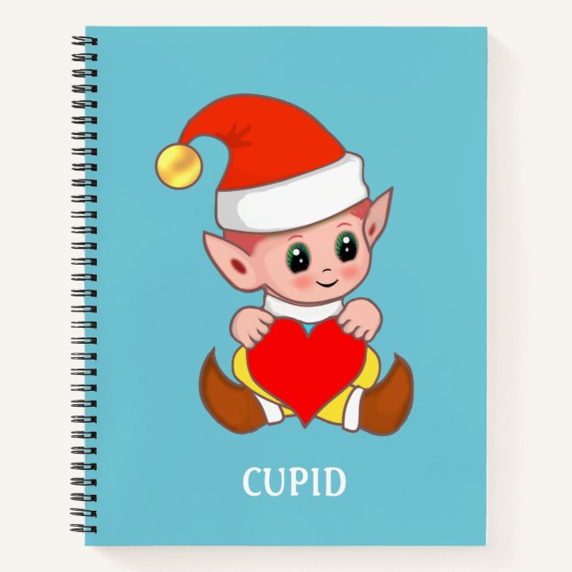 Cuaderno Cupido elfo con corazón amoroso en verde azulado (Anverso)