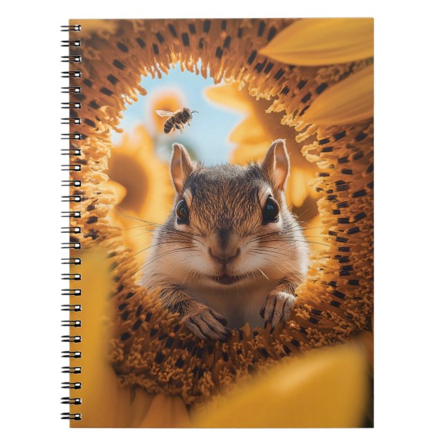 Cuaderno Curioso Chipmunk Peeando a través del girasol comi (Frente)