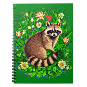 Cuaderno Curioso mapache en un colorido jardín de flores