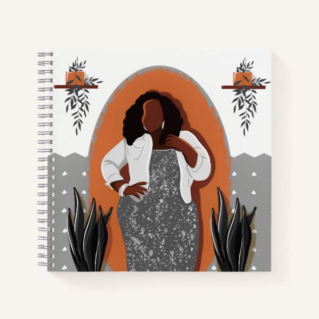 Cuaderno Curva, mujer negra, plantas domésticas, Naranja y  (Anverso)
