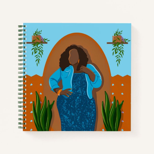 Cuaderno Curva, mujer negra, plantas domésticas, Naranja y  (Anverso)