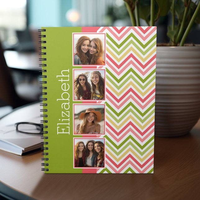 Cuaderno Custom 4 Photo Collage Lime and Coral Chevrons (Personalized notebook - add photos and your name or other text)