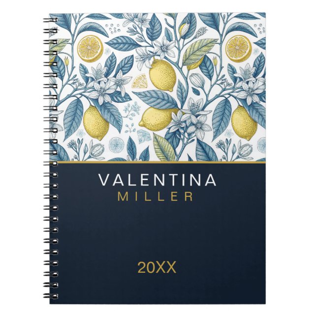 Cuaderno Custom Elegant Mediterranean Lemon Botanical Navy (Frente)