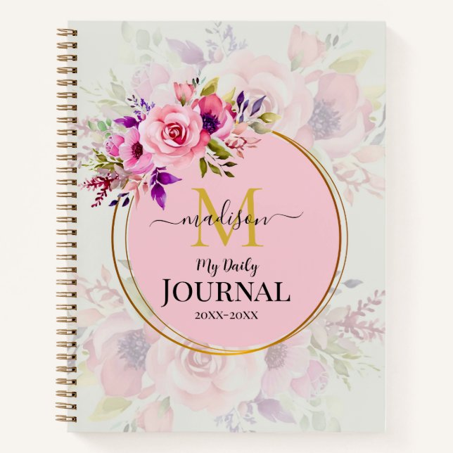 Cuaderno Custom Name & Initial Pink Watercolor Floral (Anverso)