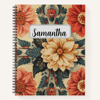Cuaderno Custom name red vintage floral pattern 