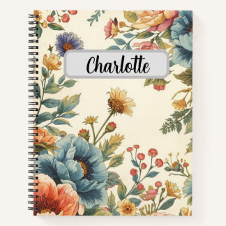 Cuaderno Custom name retro vintage flowers design 