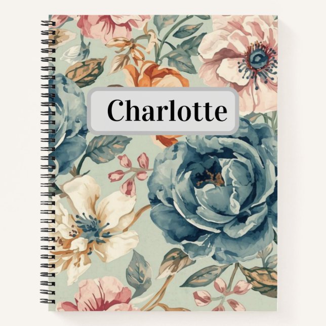 Cuaderno Custom name vintage boho floral background  (Anverso)