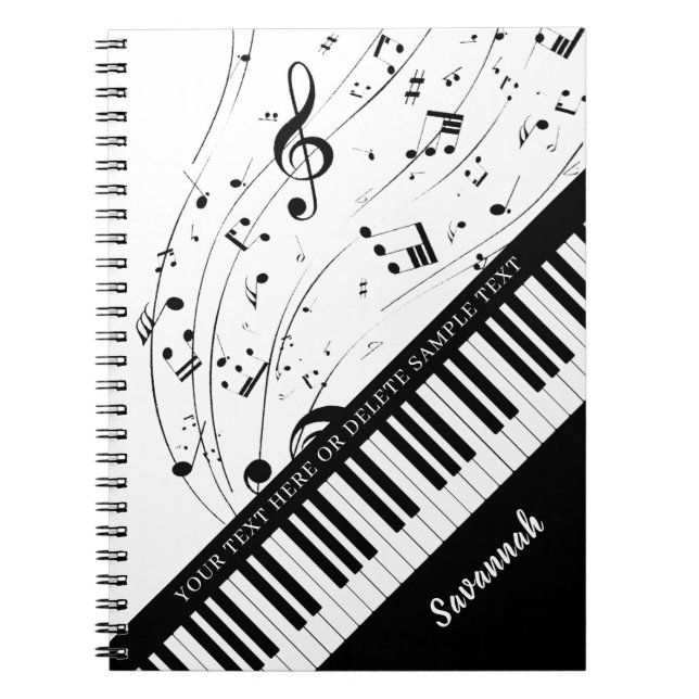 Cuaderno Custom Piano Music Notes Script Name Black White (Frente)