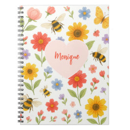Cuaderno Customizable Pink Orange Floral and Bee Pattern 