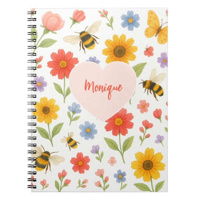 Cuaderno Customizable Pink Orange Floral and Bee Pattern  (Frente)