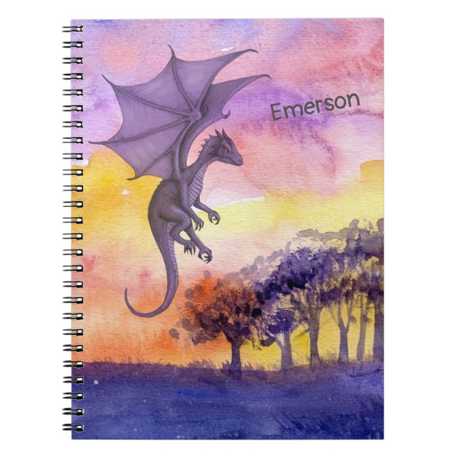 Cuaderno Cuta acuarela Púrpura Dragón volador mágico (Frente)