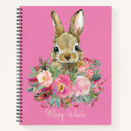 Cuaderno Cuta floral de conejito rosa acuarela personalizad