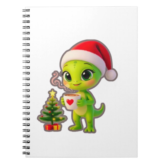 Cuaderno **Cute 3D Green Alien in Santa Hat with Hot Chocol (Frente)