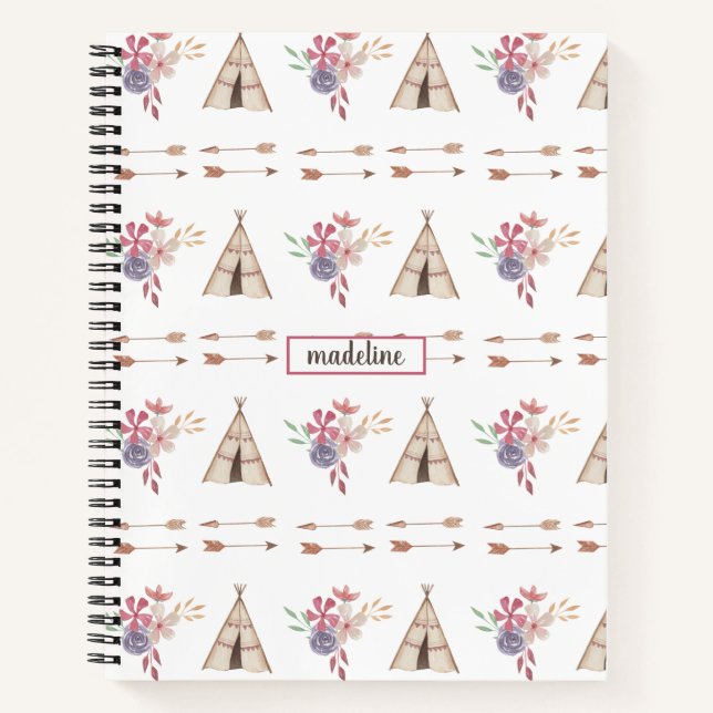 Cuaderno Cute acuarela Floral Boho Teepee Personalizado (Anverso)