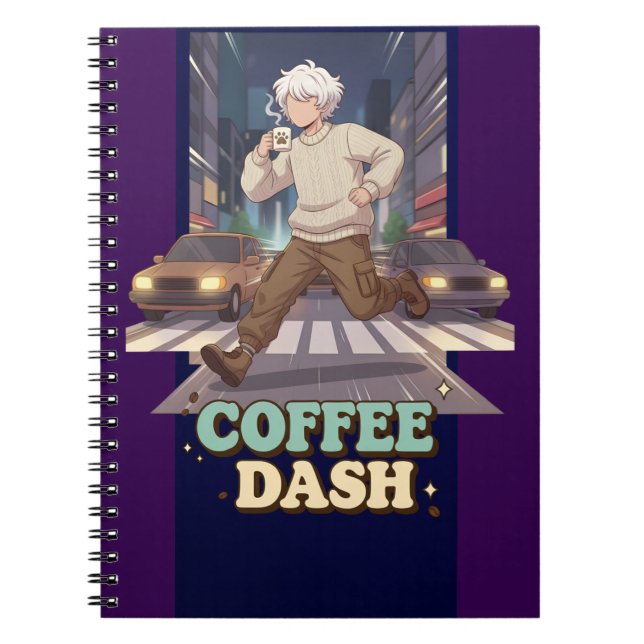 Cuaderno Cute Anime Boy Running in the City with Coffee (Frente)