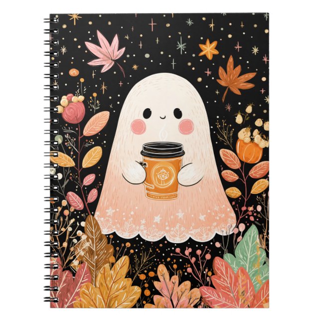 Cuaderno Cute Autumn Ghost with Pumpkin Coffee – Cozy Fall  (Frente)
