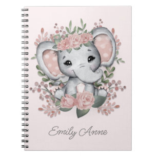 Cuaderno Cute Baby Elephant Pink Floral Child's Name 