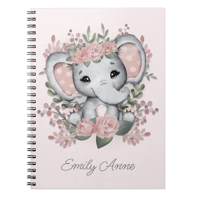 Cuaderno Cute Baby Elephant Pink Floral Child's Name  (Frente)