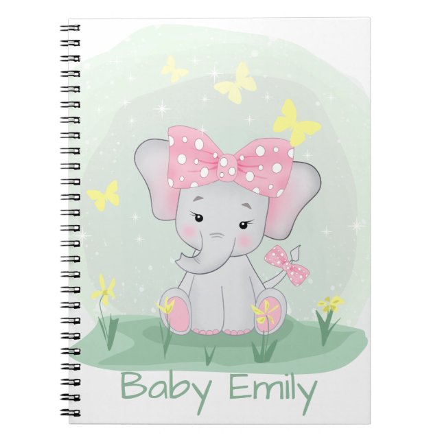 Cuaderno  Cute baby elephant with a pink bow in a clearing  (Frente)