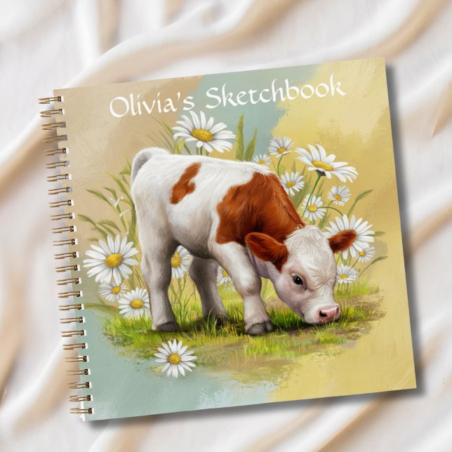 Cuaderno Cute bebé vaca en un campo de dibujo de Daisies (Subido por el creador)