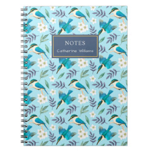 Cuaderno Cute Blue Kingfisher Aves Nombre de patrón Floral