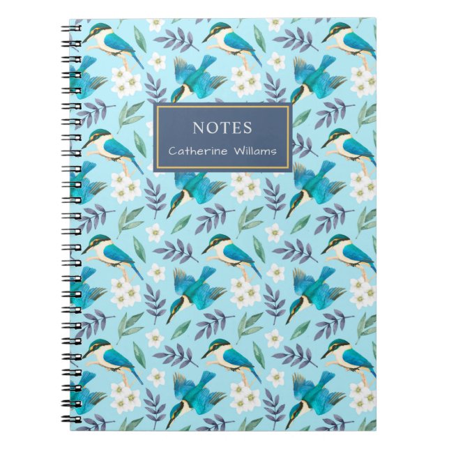 Cuaderno Cute Blue Kingfisher Aves Nombre de patrón floral (Frente)